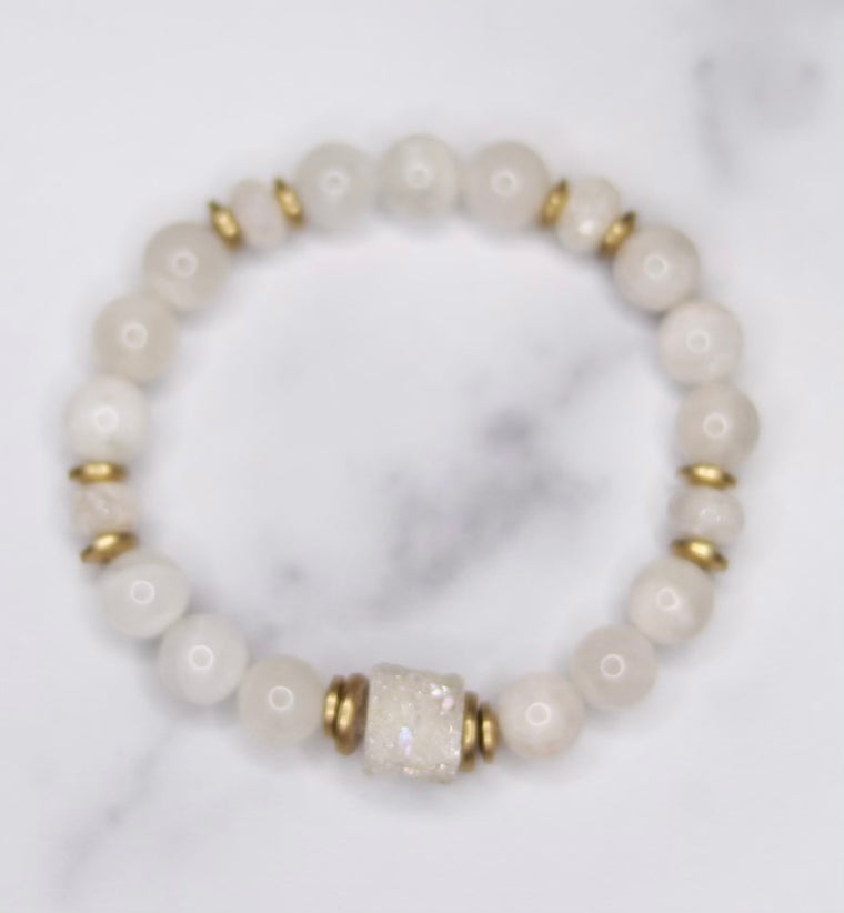 Round Moonstone, White Druzy and Gold Disc Stretch Bracelet  NEW