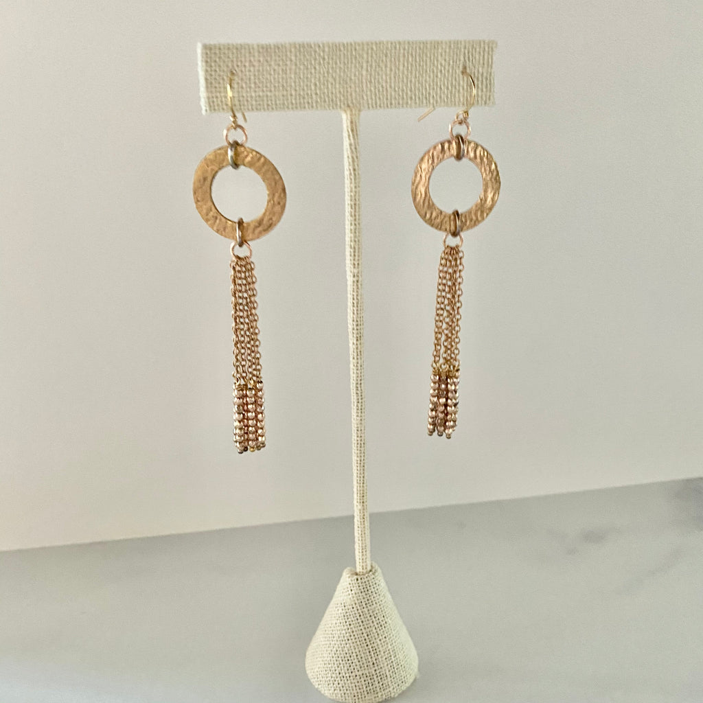 Gold Filled Hammered Ring with Chain and Rose Gold Bead Tassel Earrings   NEW