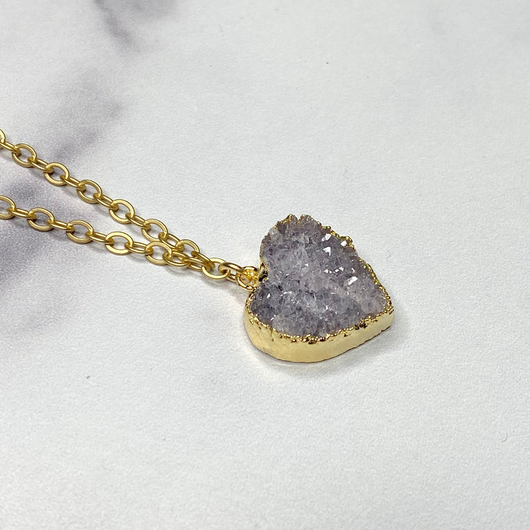 Lavendar Heart Druzy Pendant in Gold-Filled Necklace (small)   NEW