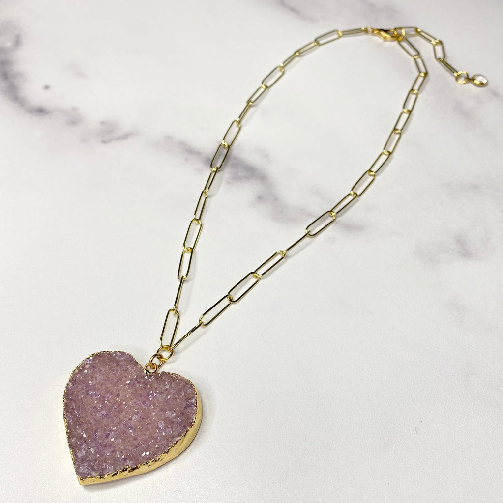 Pink/Lavendar Heart Druzy Pendant on Gold-Filled PaperClip Chain Necklace  NEW