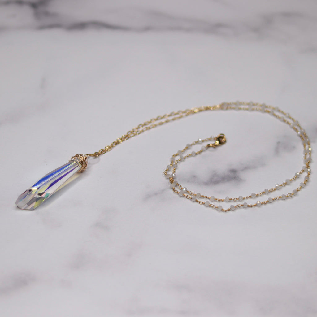 Gold Filled wrapped Frosted Clear AB Swarovski Icicle Crystal Pendant and Wrapped Moonstone Chain Necklace  NEW