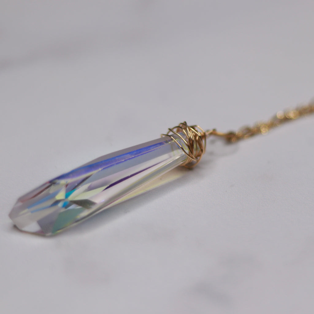 Gold Filled wrapped Frosted Clear AB Swarovski Icicle Crystal Pendant and Wrapped Moonstone Chain Necklace  NEW