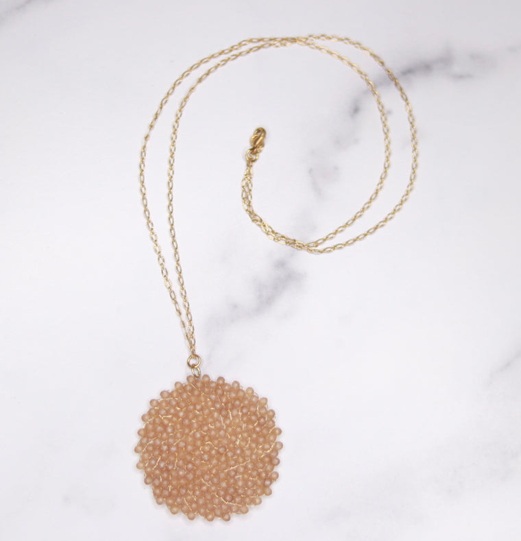 Brushed Gold Matte Peach Swarovski Crystal Woven Round Pendant Necklace  NEW