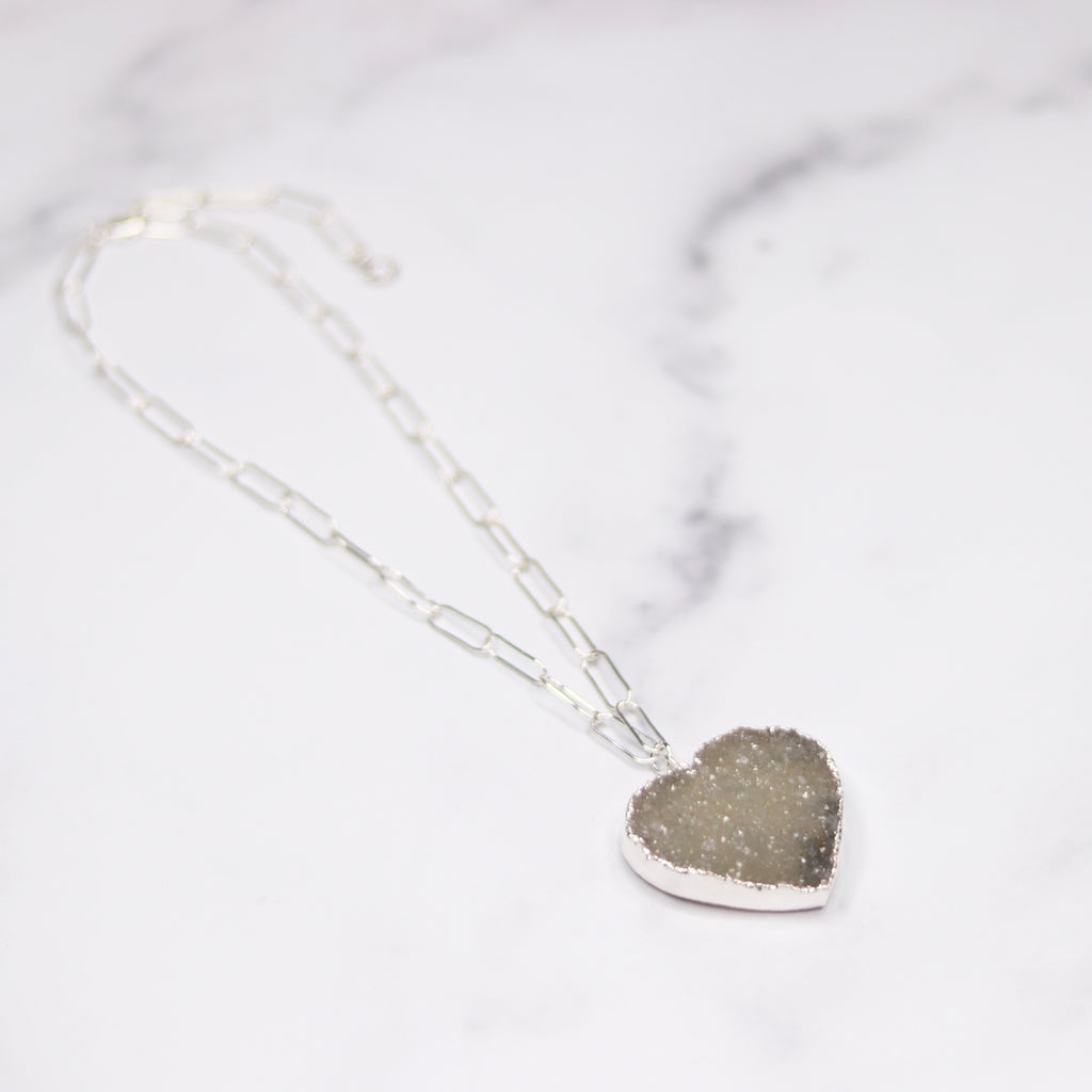 Gray/Green Ombre Heart Druzy Pendant on Sterling Silver PaperClip Chain Necklace  NEW