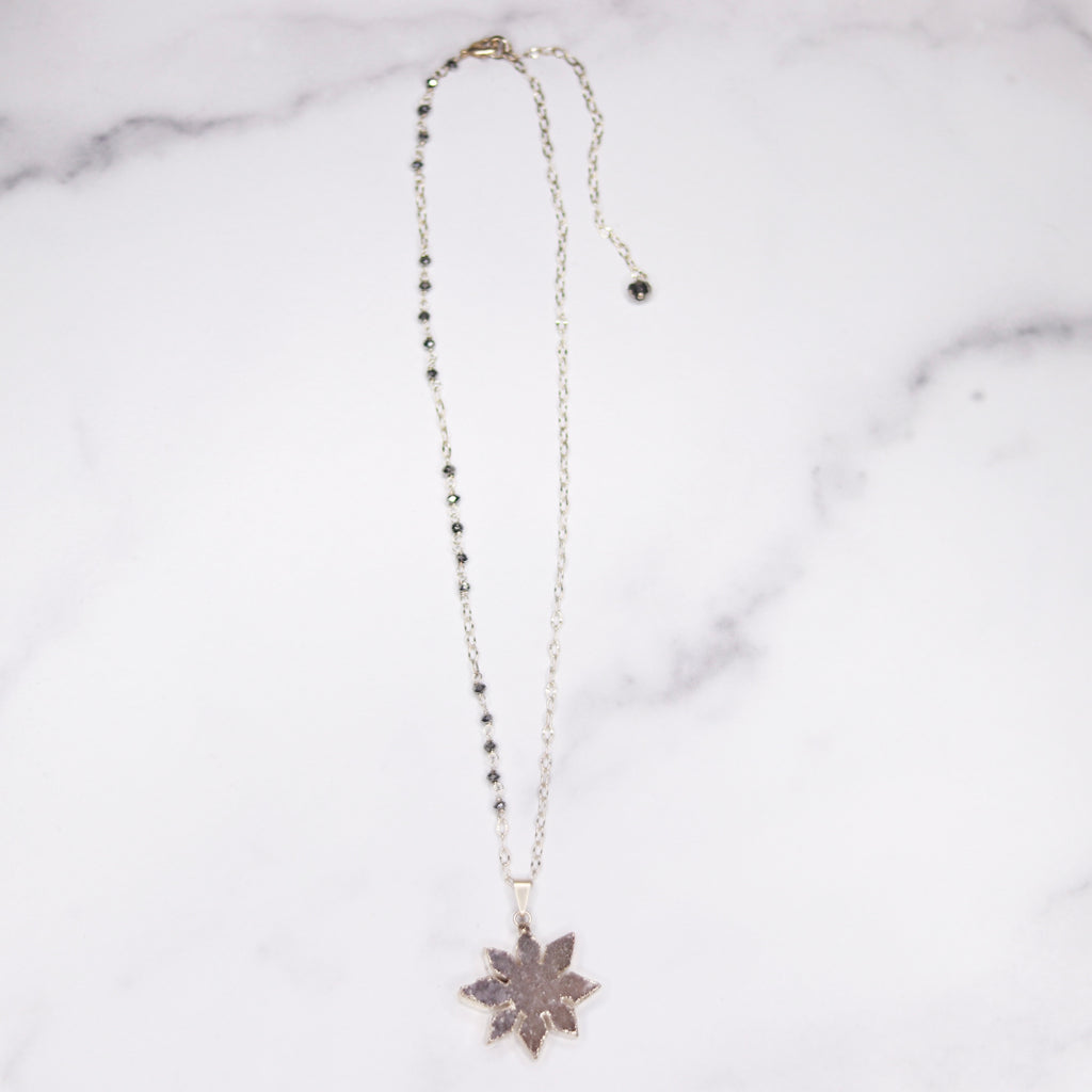Gray Snowflake Druzy Pendant on Sterling Silver with Pyrite Chain Necklace  NEW