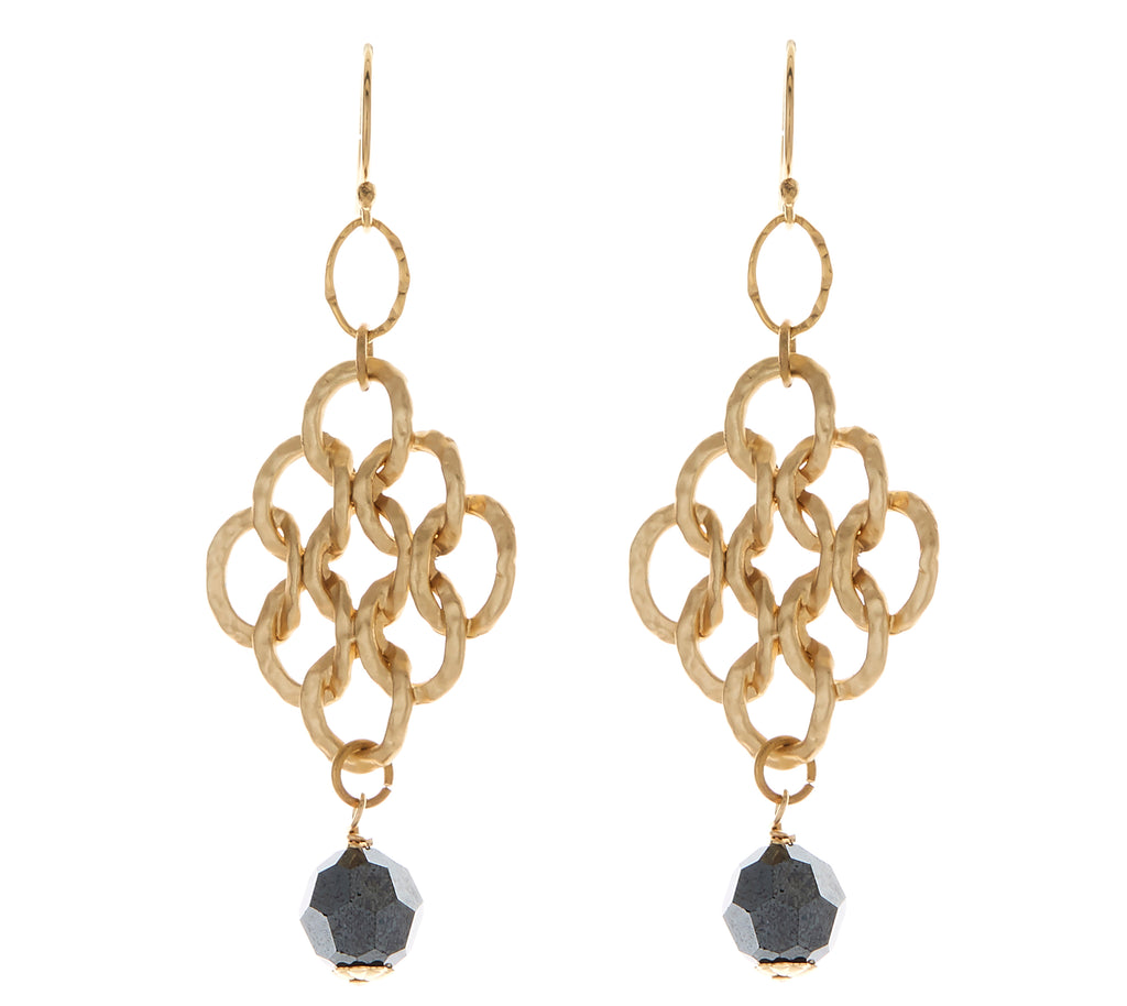 Brushed Gold Diamond Ovals With Jet Hematite Swarovski Crystal Drop Earrings NEW