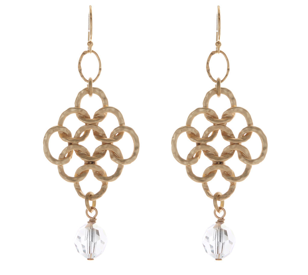 Brushed Gold Diamond Ovals With Swarovski Crystal Drop Earrings NEW