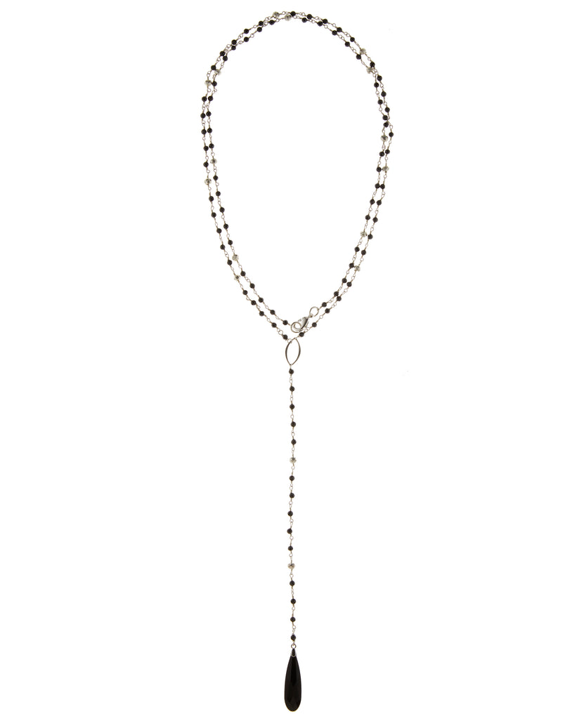 Jet Swarovski and Pyrite Chain Long Drop Necklace in Sterling Silver or Gold Filled  NEW