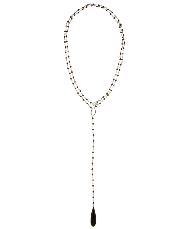 Jet Swarovski and Pyrite Chain Long Drop Necklace in Sterling Silver or Gold Filled  NEW