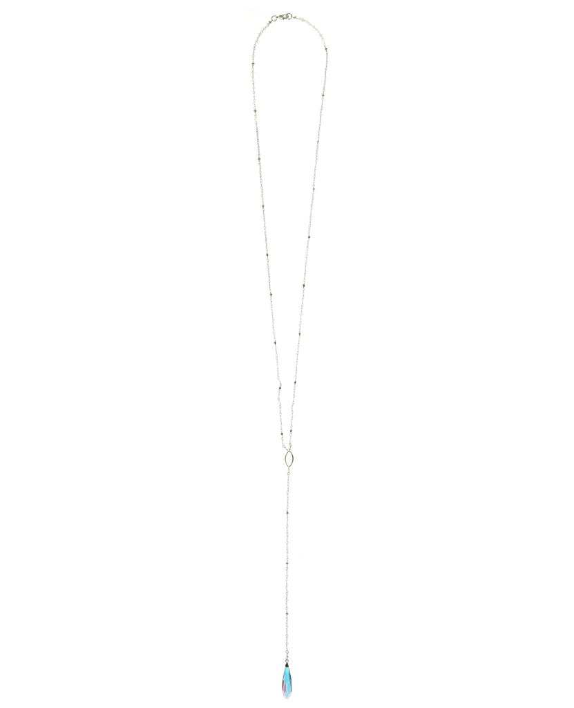 Moonstone & Pyrite Chain with Swarovski Crystal Long Drop Necklace in Sterling Silver or Gold Filled