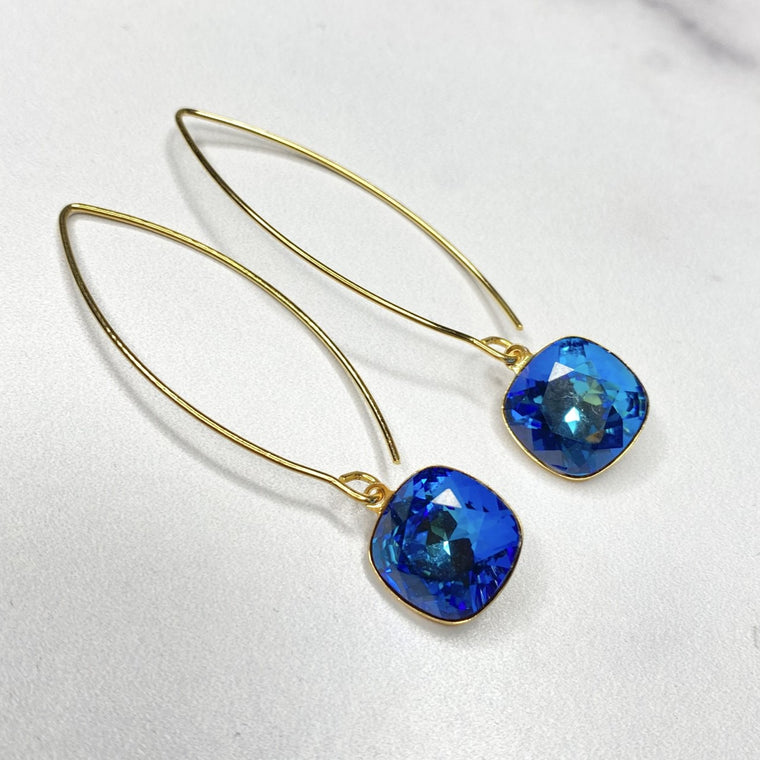 Bright Blue Swarovski Crystal Cushion Cut Pendant on Oval Earrings in Gold Filled or Sterling Silver  NEW