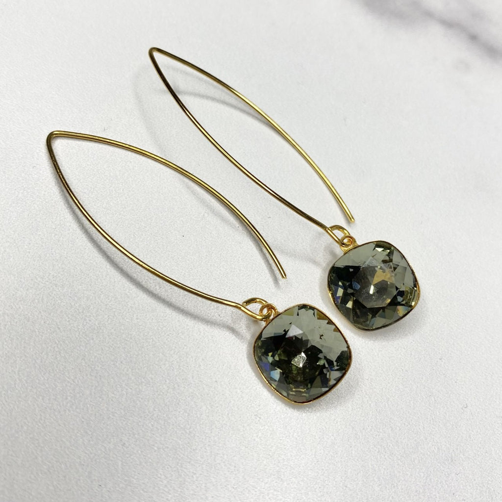 Charcoal Swarovski Crystal Cushion Cut Pendant on Oval Earrings in Gold Filled or Sterling Silver  NEW