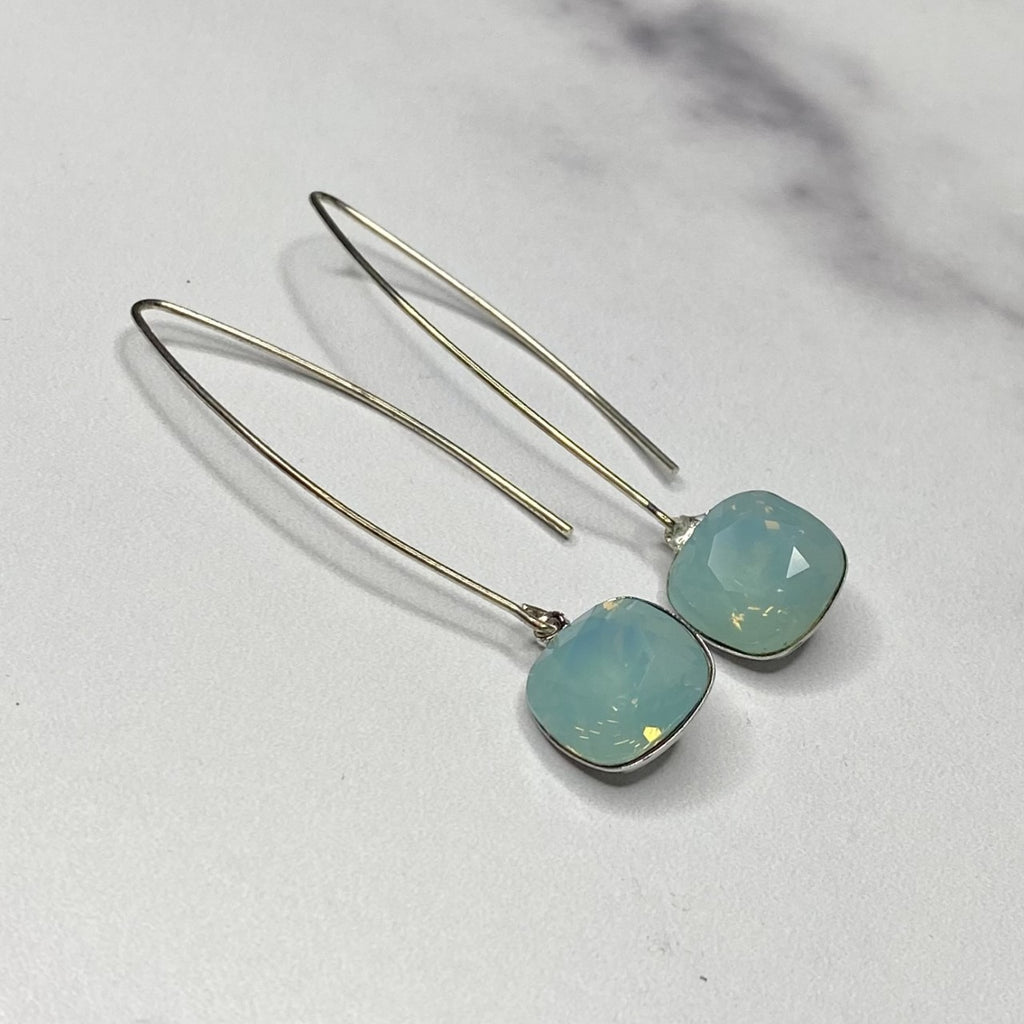 Aqua Marine Swarovski Crystal Cushion Cut Pendant on Oval Earrings in Gold Filled or Sterling Silver  NEW
