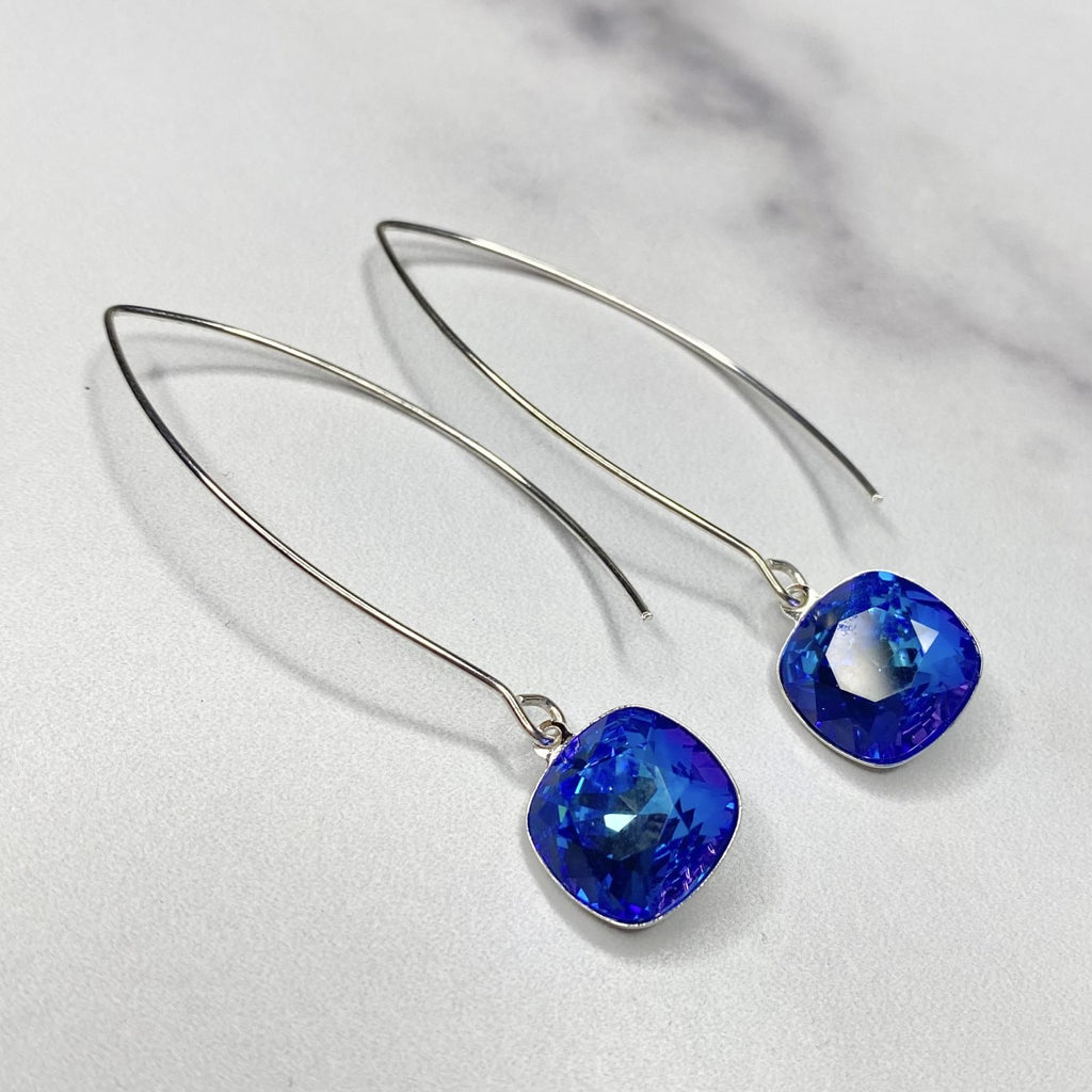 Bright Blue Swarovski Crystal Cushion Cut Pendant on Oval Earrings in Gold Filled or Sterling Silver  NEW