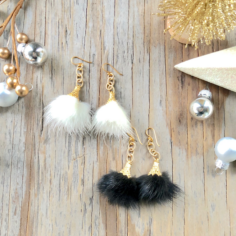 Gold Vermeil Faux Fur Puff Drop Earrings  NEW