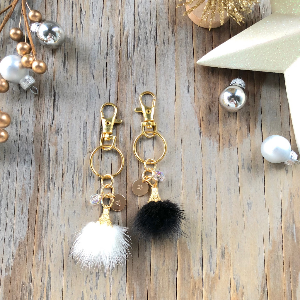 Gold Vermeil Faux Fur Puff Drop Keychains  NEW