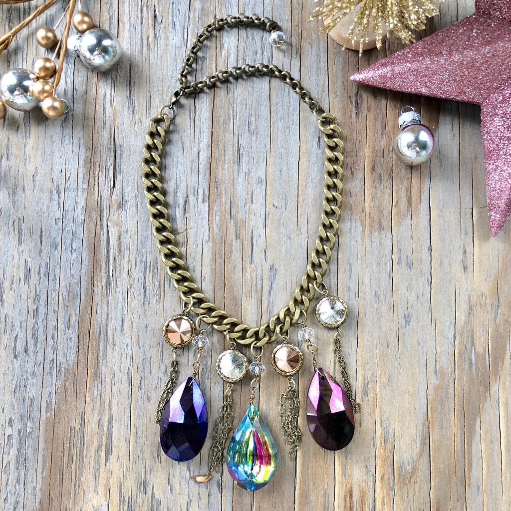 Shabby Chic Chunky Chain Choker with Multi-Color Crystal Drops  NEW