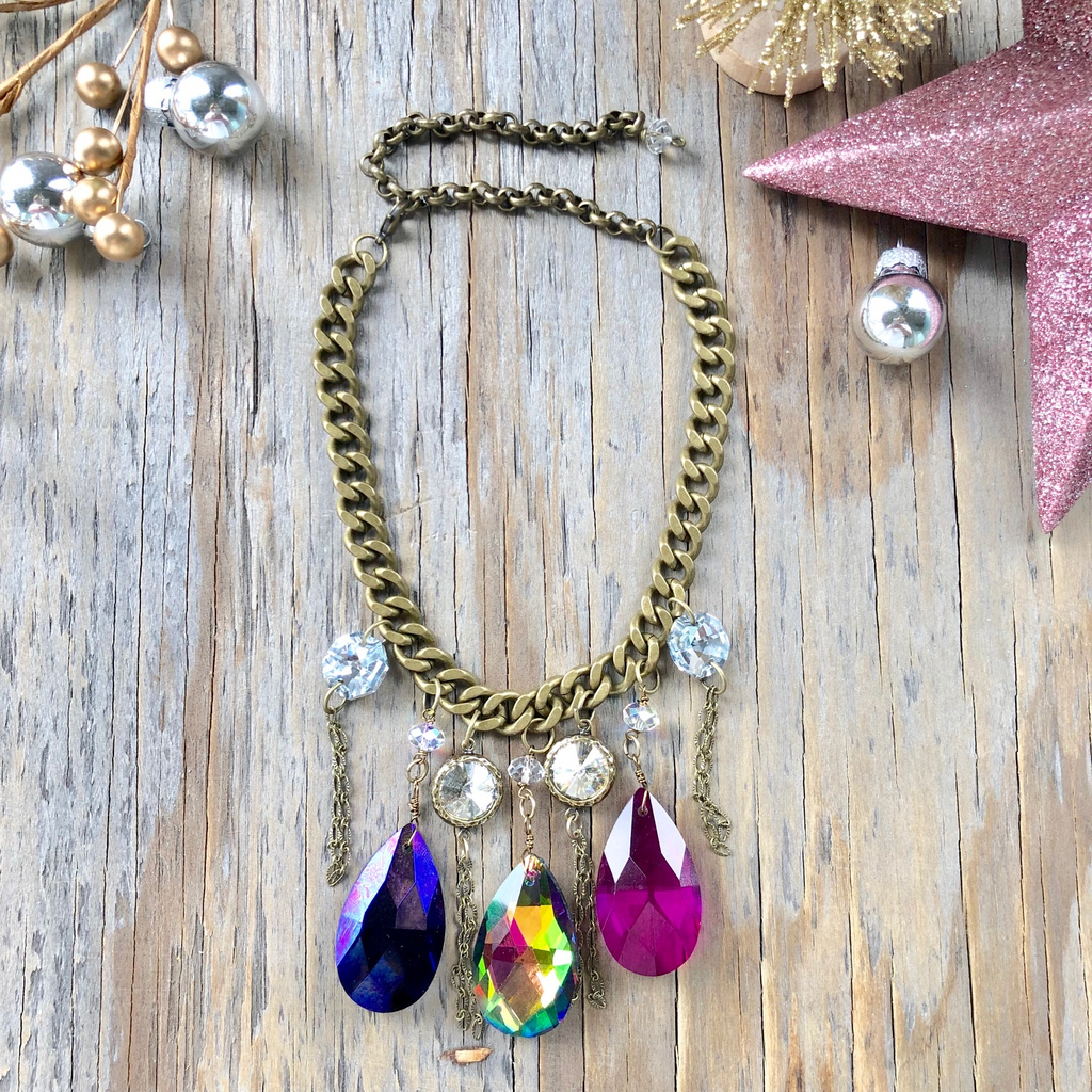 Shabby Chic Chunky Chain Choker with Multi-Color Crystal Drops  NEW