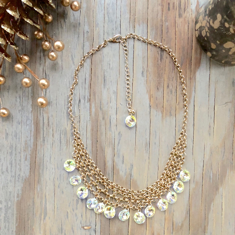 Multi-Strand Chainmaille Necklace With Swarovski Crystal Rivoli Drops NEW