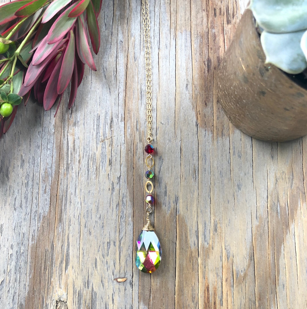 Bright Colored Crystal Long Drop Pendant Necklace_NEW