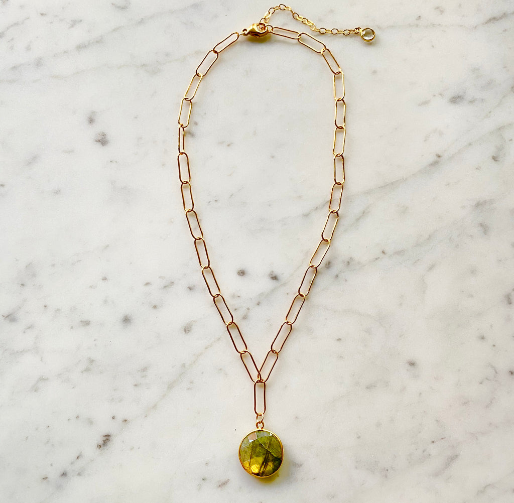 Inspirational Gemstone Pendant Necklace on Gold-filled Paper Clip Chain  NEW