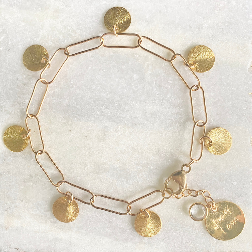 Brushed Gold-Filled Etched Discs On Paper Clip Chain Bracelet  NEW