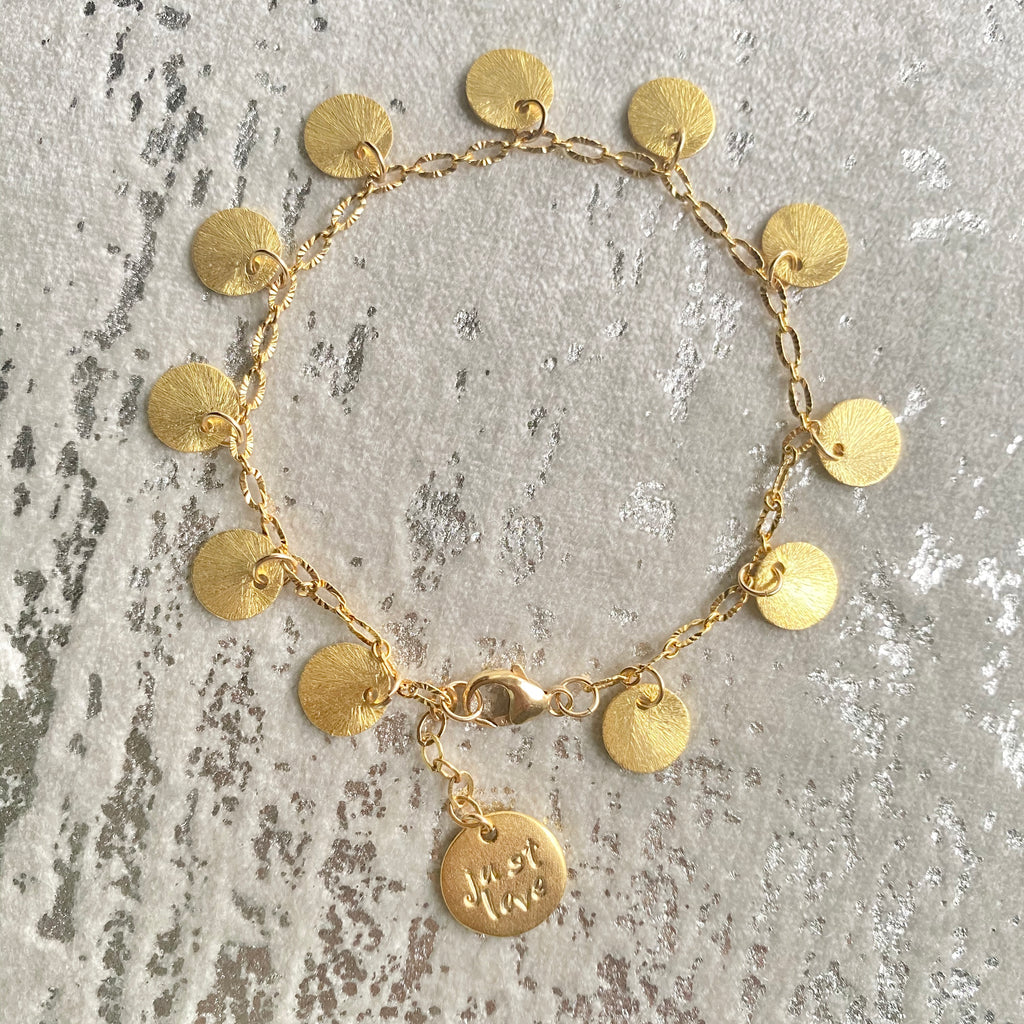 Brushed Gold Etched Discs On Oval Etched Gold Filled Chain Bracelet  NEW
