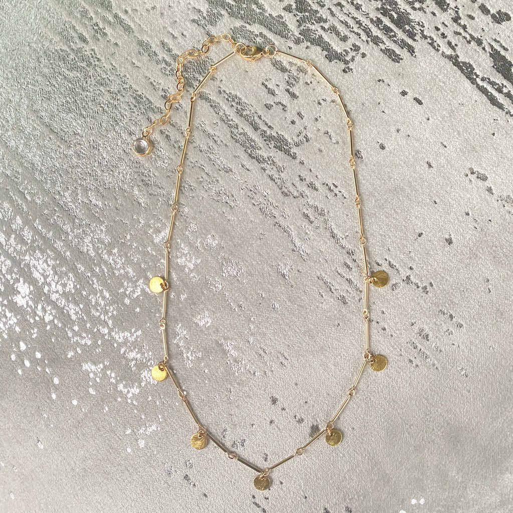 Gold-Filled Bar Chain Choker with Brushed Gold Disc Drops  NEW