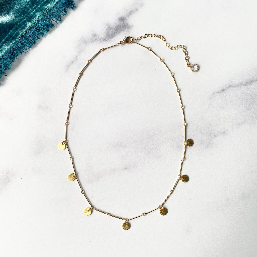 Gold-Filled Bar Chain Choker with Brushed Gold Disc Drops  NEW