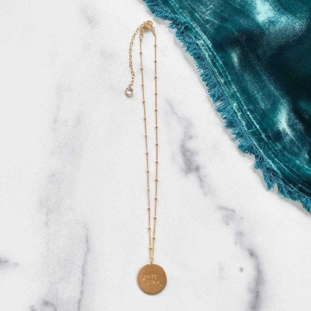 Gold Filled Satellite Ball Beaded Chain Necklace with Round Just Love Charm  NEW