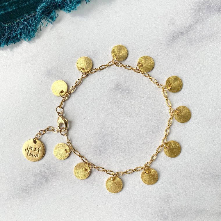 Brushed Gold Etched Discs On Oval Etched Gold Filled Chain Bracelet  NEW