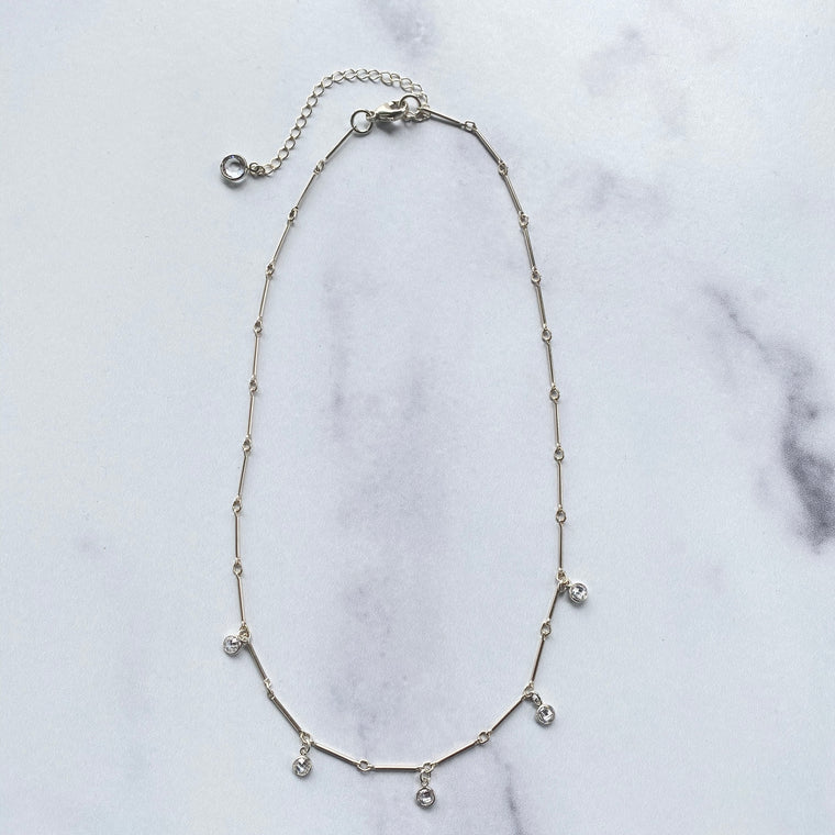 Sterling Silver Bar Chain Choker with Swarovski Crystal Drops  NEW