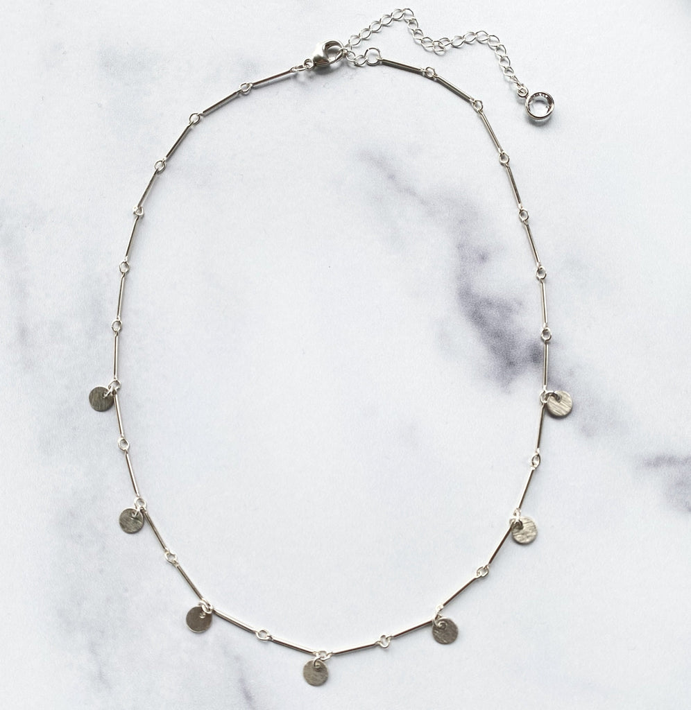 Sterling Silver Bar Chain Choker with Brushed Silver Disc Drops  NEW