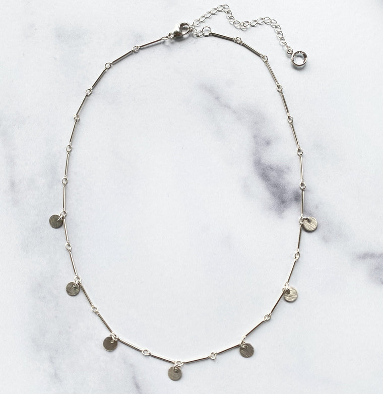 Sterling Silver Bar Chain Choker with Brushed Silver Disc Drops  NEW