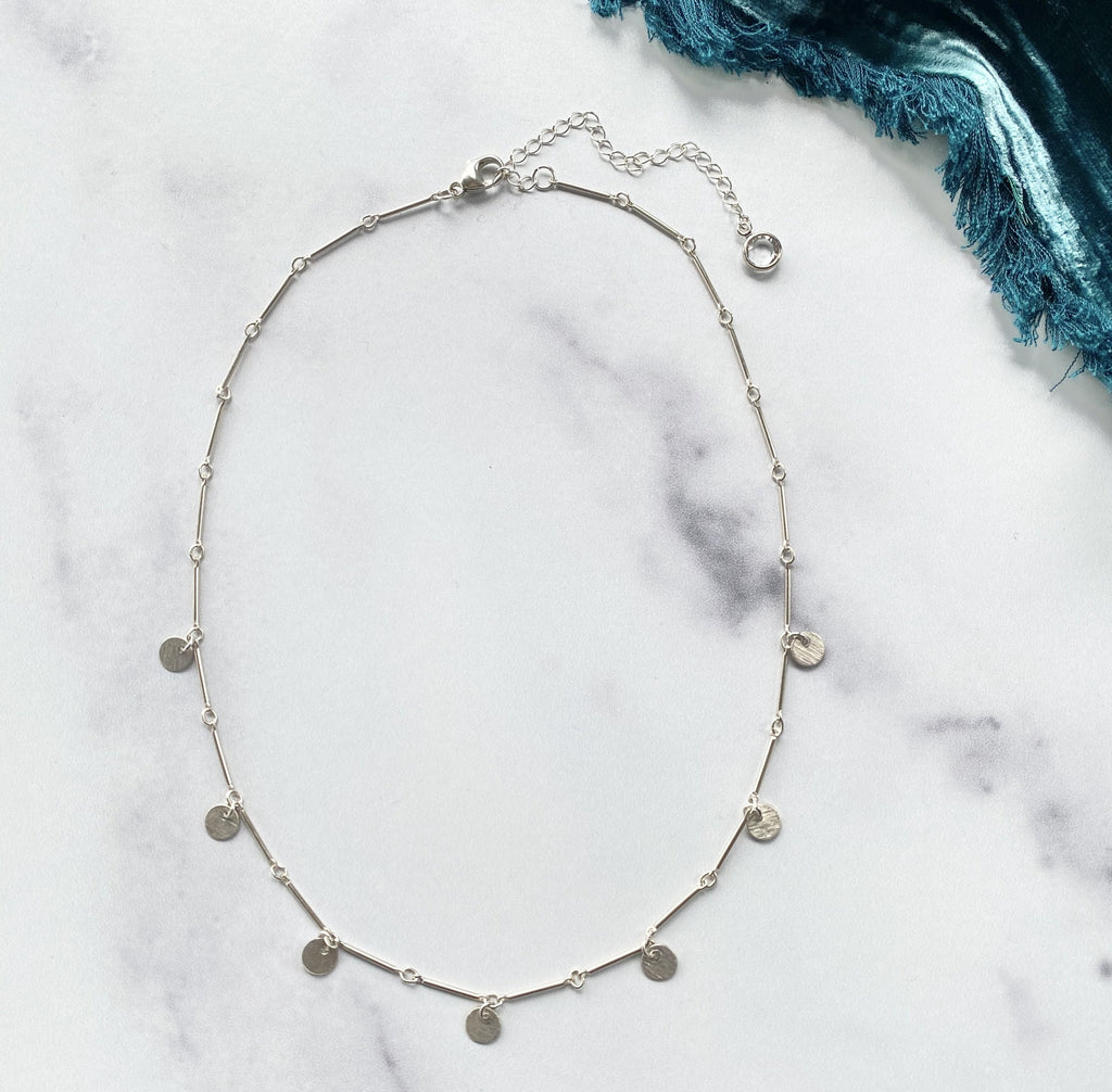 Sterling Silver Bar Chain Choker with Brushed Silver Disc Drops  NEW