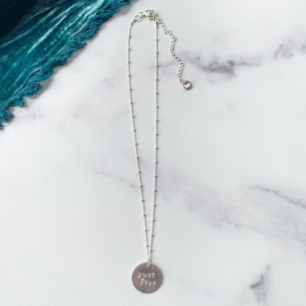 Sterling Silver Satellite Ball Beaded Chain Necklace with Round Just Love Charm  NEW