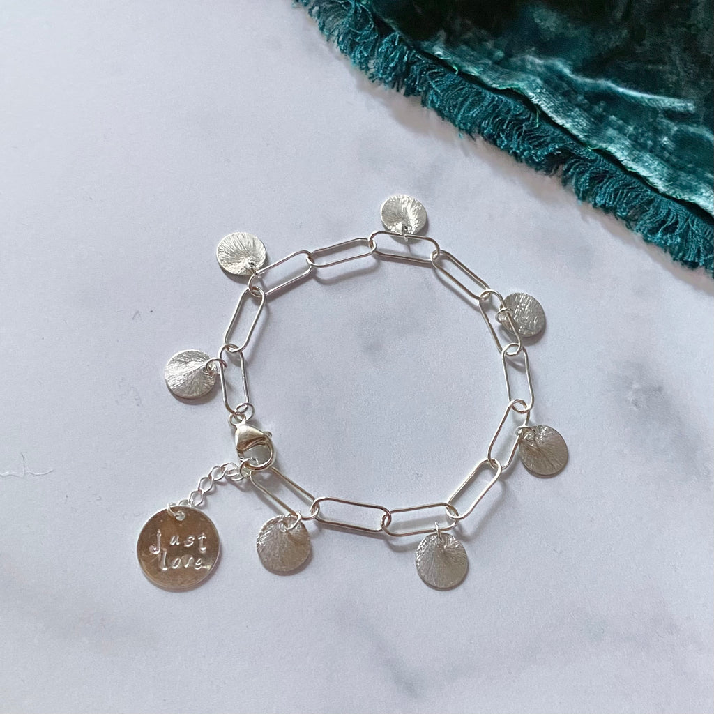 Brushed Sterling Silver Etched Discs On Paper Clip Chain Bracelet  NEW