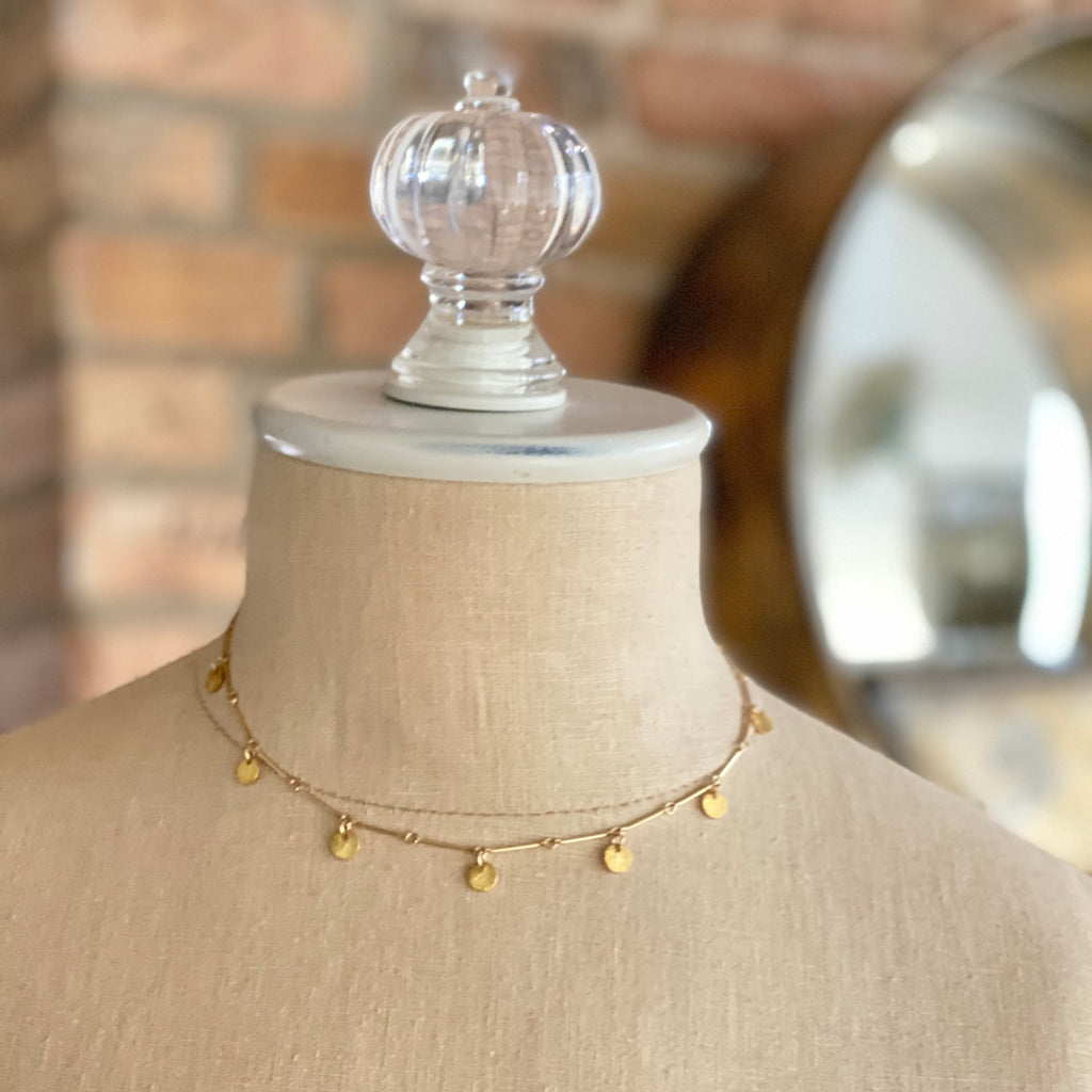 Gold-Filled Bar Chain Choker with Brushed Gold Disc Drops  NEW