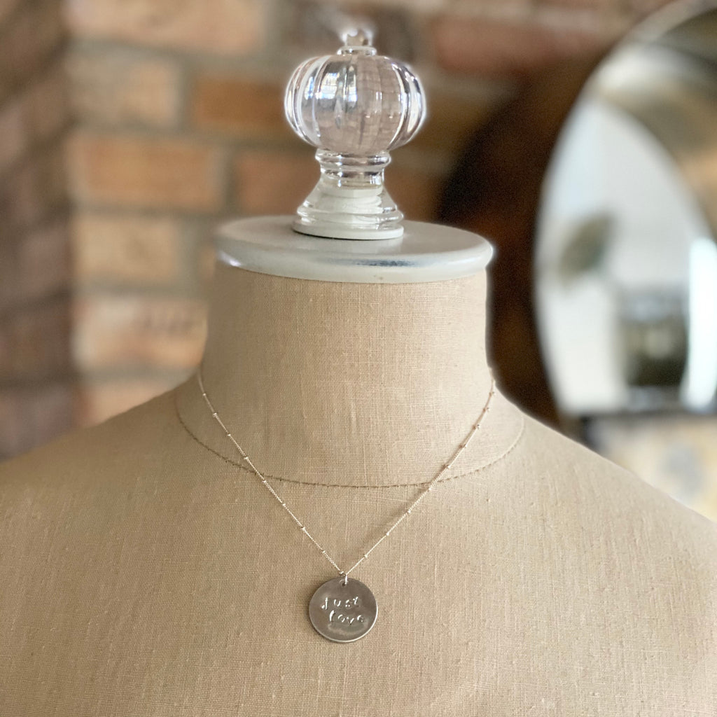 Sterling Silver Satellite Ball Beaded Chain Necklace with Round Just Love Charm  NEW