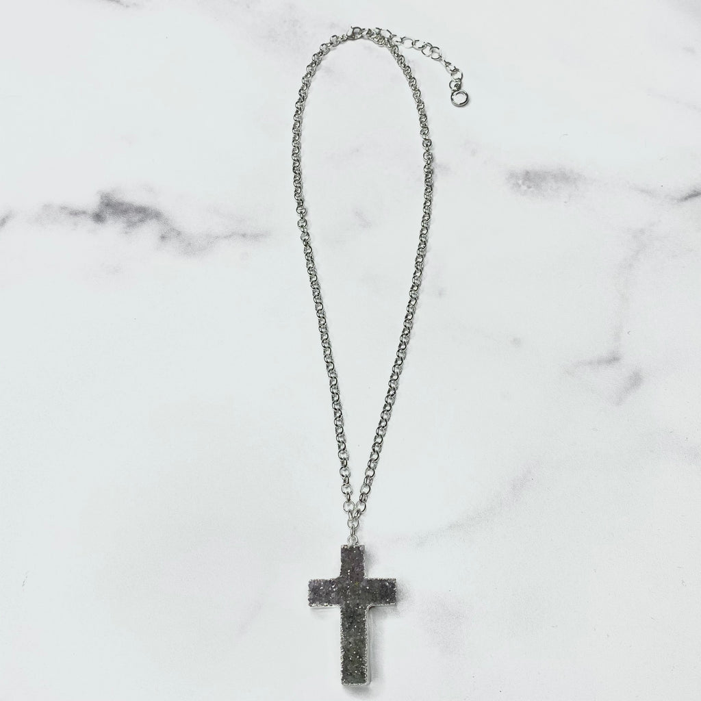 Medium Gray Cross Druzy Pendant on Sterling Silver Rolo Chain Necklace  NEW