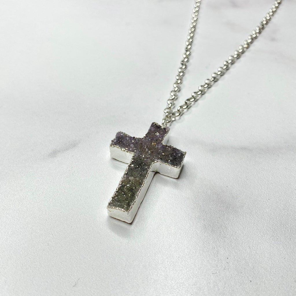 Medium Gray Cross Druzy Pendant on Sterling Silver Rolo Chain Necklace  NEW