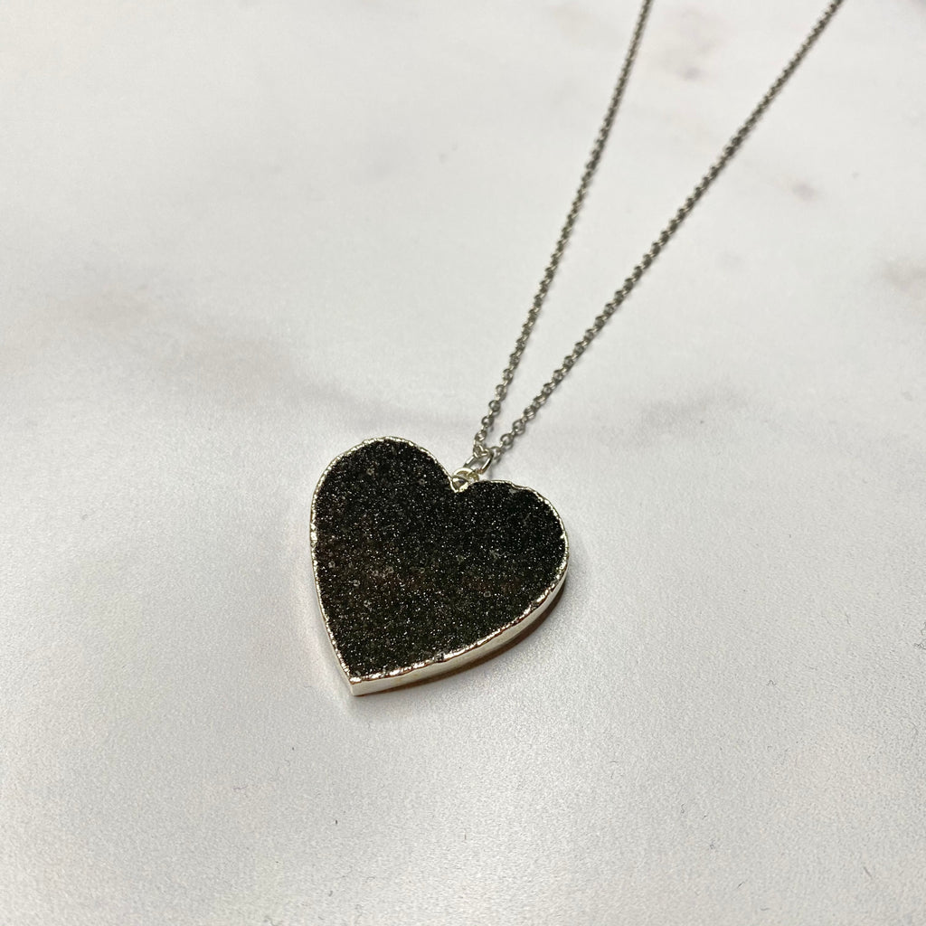 Dark Charcoal Heart Druzy Pendant on Sterling Silver Chain Necklace  NEW