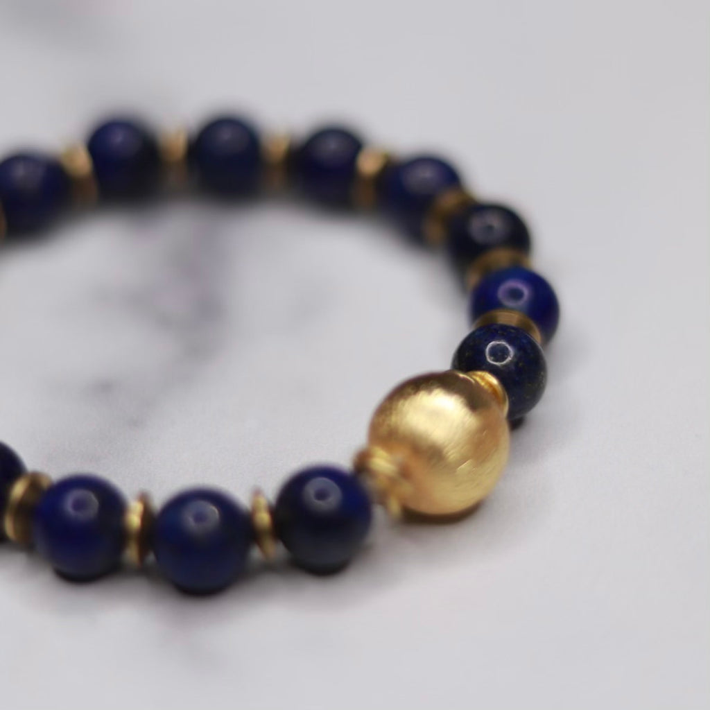 Round Blue Lapis, Gold Etched Ball and Gold Disc Stretch Bracelet