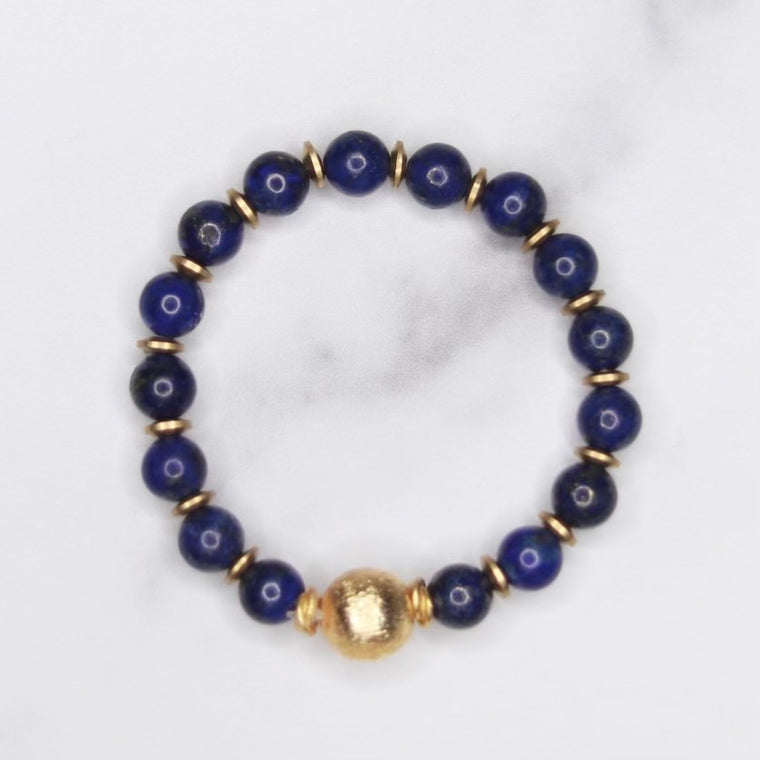 Round Blue Lapis, Gold Etched Ball and Gold Disc Stretch Bracelet