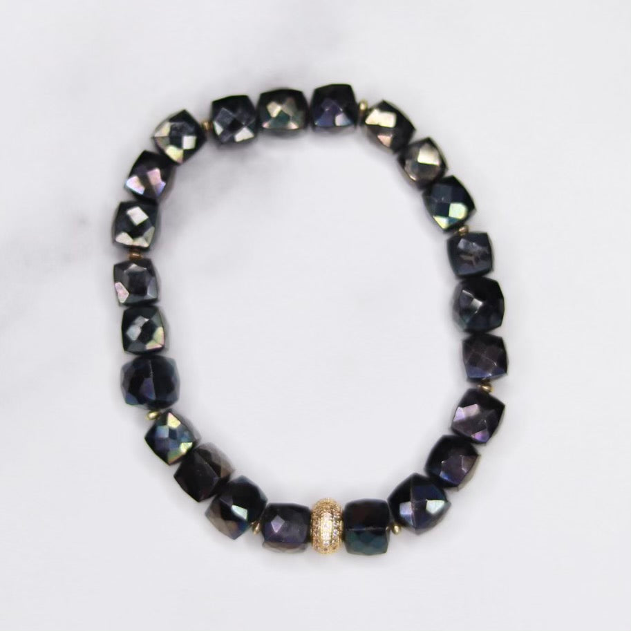 Midnight Jet Labradorite Cube, Gold Swarovski Pave Bead and Gold Disc Stretch Bracelet   NEW