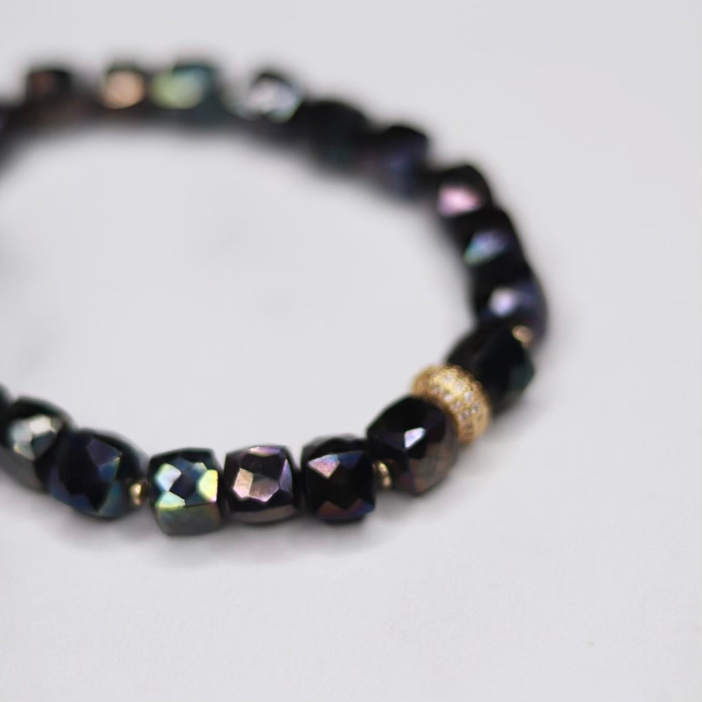 Midnight Jet Labradorite Cube, Gold Swarovski Pave Bead and Gold Disc Stretch Bracelet   NEW