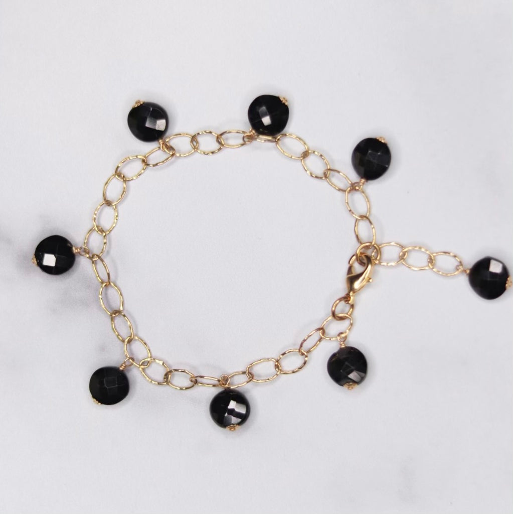 Black Onyx Rondelle Multi Drop Gold-Filled Bracelet  NEW