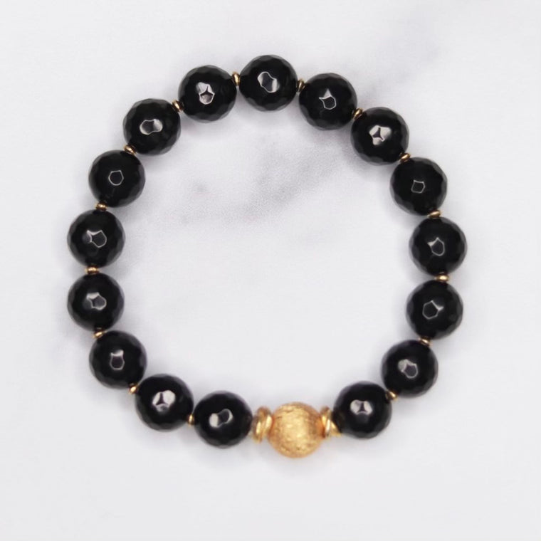 Round Black Onyx , Etched Gold Vermeil Ball and Gold Disc Stretch Bracelet   NEW