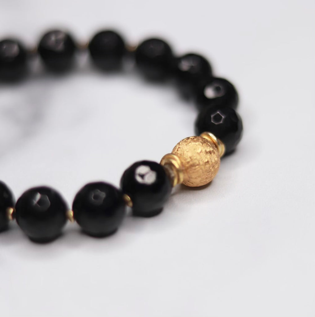 Round Black Onyx , Etched Gold Vermeil Ball and Gold Disc Stretch Bracelet   NEW