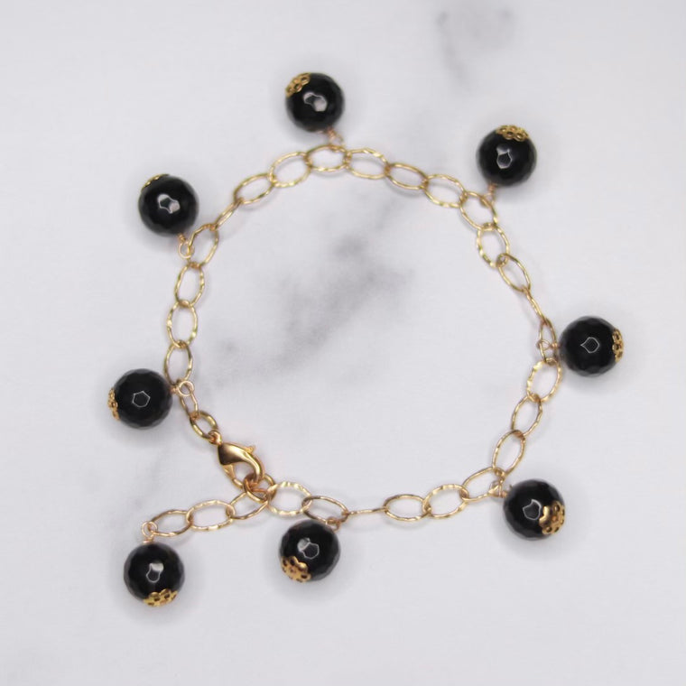 Round Black Onyx Multi Drop Gold-Filled Bracelet  NEW